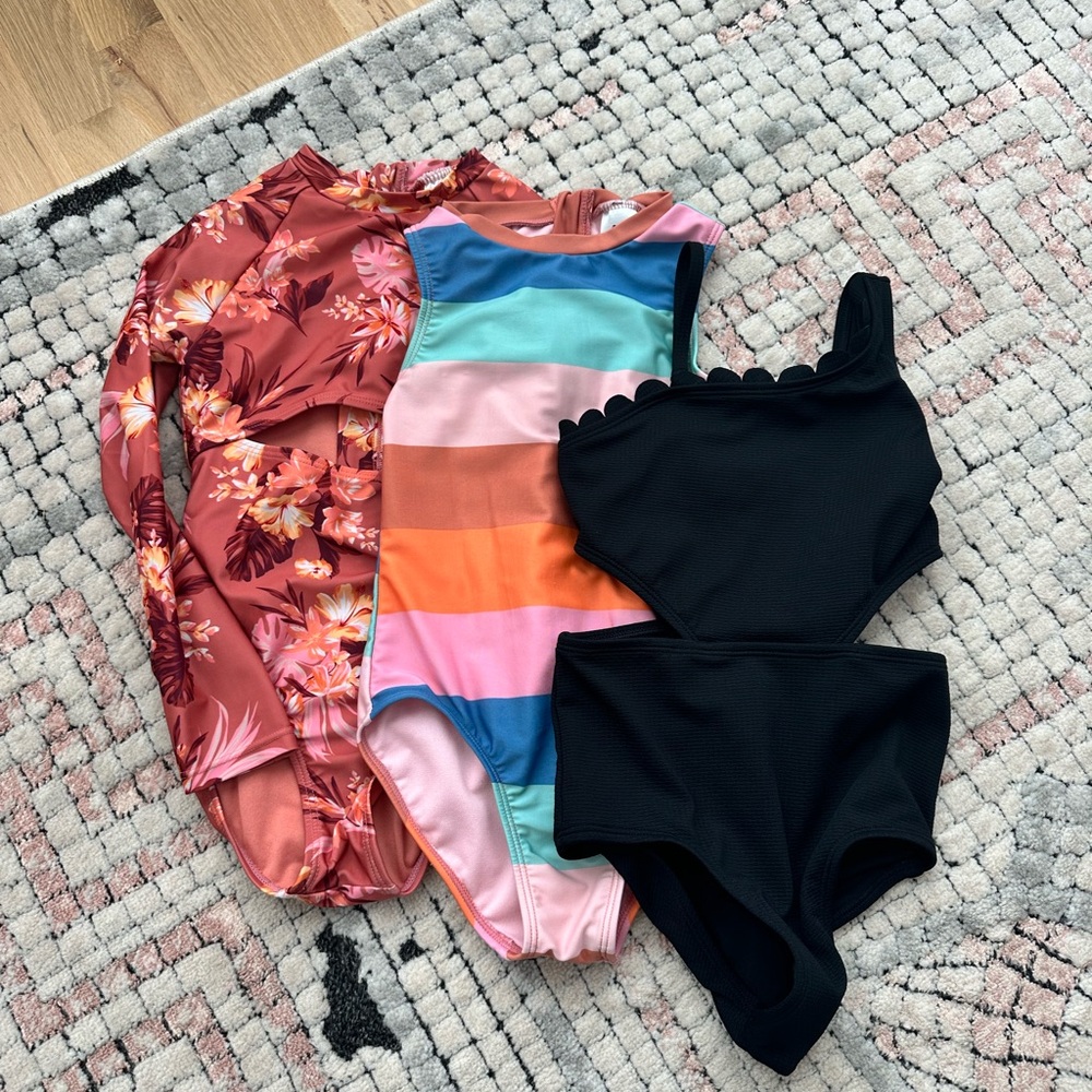 art class Kids Swim One Piece Set - Floral Red and Striped Multicolor